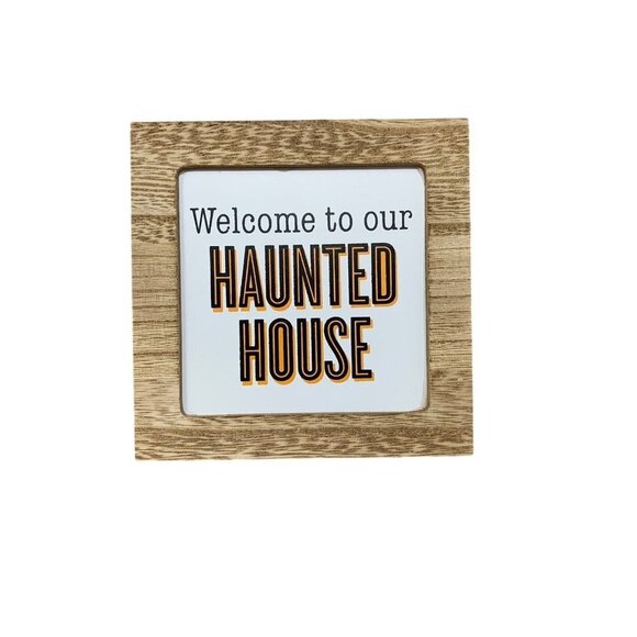 Rustic Haunted House Welcome Sign 4in Square Halloween Decor Tiered Tray Holiday - Picture 1 of 4